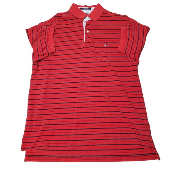 Vtg Tommy Hilfiger Short Sleeve Polo Shirt Medium Red Black Striped - Picture 1 of 5